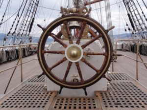 12755865 - a wooden and brass ship wheel